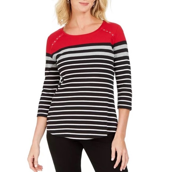 Karen Scott Color Blocked Striped Grommet Top - Picture 1 of 3